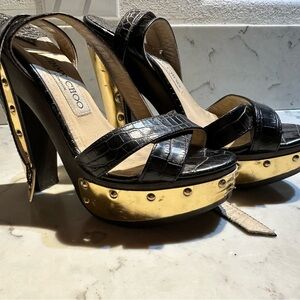 Jimmy Choo Black and Gold Platform Sandals
